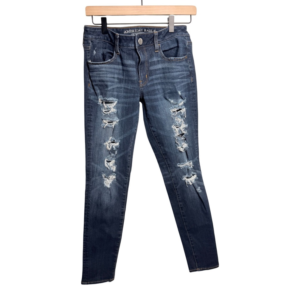 American Eagle Womens Super Stretch Jegging 4 Dark Wash Distressed‎ Ripped Jeans